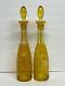 2 Bohemian Czech Glass Decanters Bottles Amber Yellow Cut To Clear Ducks Reeds