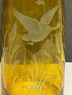 2 Bohemian Czech Glass Decanters Bottles Amber Yellow Cut to Clear Ducks Reeds