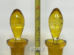 2 Bohemian Czech Glass Decanters Bottles Amber Yellow Cut to Clear Ducks Reeds