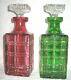 2 Elegant Cut To Clear Red Green Whiskey Glass Crystal Decanters With Stoppers Euc
