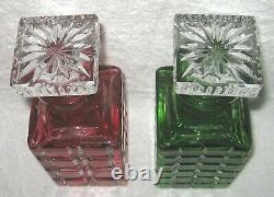 2 ELEGANT CUT TO CLEAR RED GREEN WHISKEY GLASS CRYSTAL DECANTERS With STOPPERS EUC