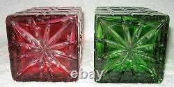 2 ELEGANT CUT TO CLEAR RED GREEN WHISKEY GLASS CRYSTAL DECANTERS With STOPPERS EUC