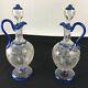 2 Late 19th Century Bohemian Hand Blown Decanters Etched Glass Cut To Clear Blue