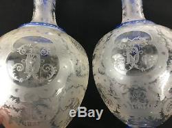 2 Late 19th Century Bohemian Hand Blown Decanters Etched Glass Cut To Clear Blue