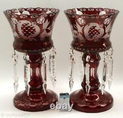 2 MANTLE LUSTERS Red Cut-Clear BOHEMIAN Glass Candle Lustre LAMP Prism VICTORIAN