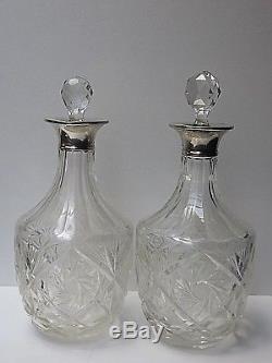 2 Ring Necked Cut Glass Decanters With Hallmarked Silver Collars- 10 1/2 Tall