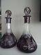 2 Vintage Bohemian Glass Amethyst Purple Cut To Clear Decanters Faceted Stopper