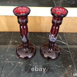2 Vintage Egermann Ruby Red Crystal Candlesticks 8.75 Cut-to-Clear Deer Czech