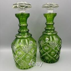 2 Vtg Emerald Green Decanters Cut to Clear Bohemian Style Pair Crystal GlassREAD