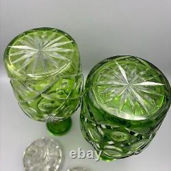 2 Vtg Emerald Green Decanters Cut to Clear Bohemian Style Pair Crystal GlassREAD