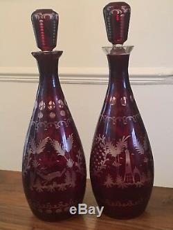 2 x Antique Egermann Ruby Bohemian Etched Deer Stag Cut to Clear Glass Decanters