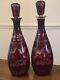 2 X Antique Egermann Ruby Bohemian Etched Deer Stag Cut To Clear Glass Decanters