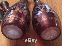 2 x Antique Egermann Ruby Bohemian Etched Deer Stag Cut to Clear Glass Decanters