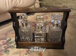 3 QUALITY vintage SOLID SILVER collar cut glass decanters + solid oak tantalus