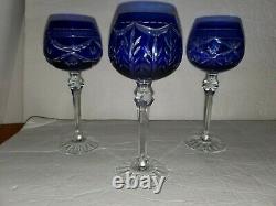 3 Vintage Bohemian Cut to Clear Cobalt Blue Crystal Wine 7 1/2 H PLEASE READ