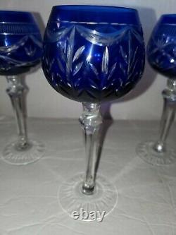 3 Vintage Bohemian Cut to Clear Cobalt Blue Crystal Wine 7 1/2 H PLEASE READ