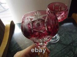 (3) Water Wine Hock Glasses Cranberry Red cut to Clear Crystal Nachtmann Traube