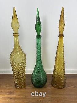 3 X Empoli Italian Amber and Green Genie Bottles 22.5 Italy MCM Decanters