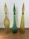 3 X Empoli Italian Amber And Green Genie Bottles 22.5 Italy Mcm Decanters