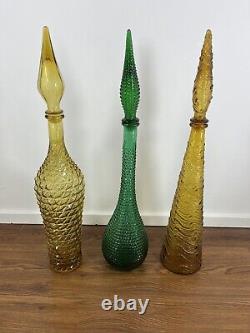 3 X Empoli Italian Amber and Green Genie Bottles 22.5 Italy MCM Decanters