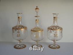 3pcs Sgd Blown Intaglio Cut Enameled MOSER GLASS Decanters c1890s 2 no stoppers