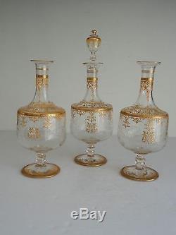 3pcs Signed Blown Cut Enameled MOSER GLASS Carlsbad Austria Footed Decanters