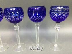 4 BEAUTIFUL CUT TO CLEAR WINE Glasses ATTRIBUTED TO AJKA CRYSTAL Cobalt Blue