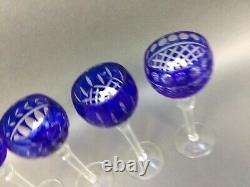 4 BEAUTIFUL CUT TO CLEAR WINE Glasses ATTRIBUTED TO AJKA CRYSTAL Cobalt Blue