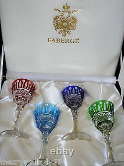 4 Faberge Xenia Ruby Cobalt Emerald & Azure Cased Cut To Clear 6 Cordials