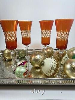 4- Vintage Bohemian Red Cut To Clear Champagne Flutes 8 Tall