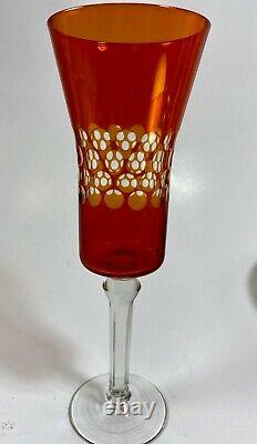 4- Vintage Bohemian Red Cut To Clear Champagne Flutes 8 Tall