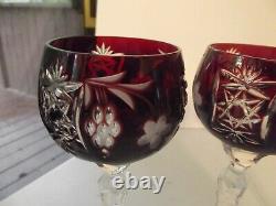(4) Water Wine Hock Glasses Ruby Red cut to Clear Crystal Bohemian Ajka Marsala