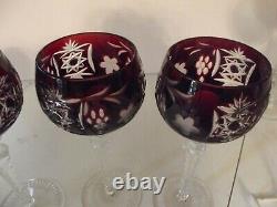(4) Water Wine Hock Glasses Ruby Red cut to Clear Crystal Bohemian Ajka Marsala