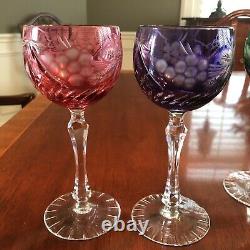 5 BOHEMIAN CUT CRYSTAL WINE Glass GOBLETS Hock 7 1/2 Cobalt Ruby Grapes & Vine