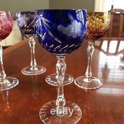 5 BOHEMIAN CUT CRYSTAL WINE Glass GOBLETS Hock 7 1/2 Cobalt Ruby Grapes & Vine