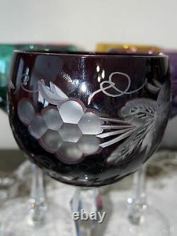 5 BOHEMIAN CZECH CUT TO CLEAR CRYSTAL WINE Glass GOBLETS Hock Ruby Grapes & Vine