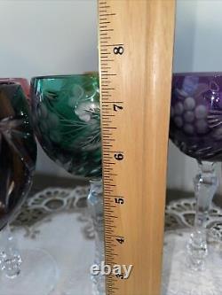 5 BOHEMIAN CZECH CUT TO CLEAR CRYSTAL WINE Glass GOBLETS Hock Ruby Grapes & Vine