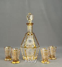 5 Pc Bohemian Czech Amber Cut to Clear Floral Decanter Set with 4 Glasses 1930s