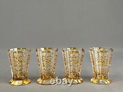 5 Pc Bohemian Czech Amber Cut to Clear Floral Decanter Set with 4 Glasses 1930s