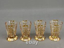 5 Pc Bohemian Czech Amber Cut to Clear Floral Decanter Set with 4 Glasses 1930s