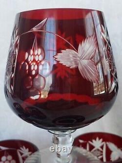 (6) Ajka Marsala Bohemian Ruby Red Cut to Clear Crystal Brandy Glass Snifter