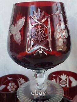 (6) Ajka Marsala Bohemian Ruby Red Cut to Clear Crystal Brandy Glass Snifter