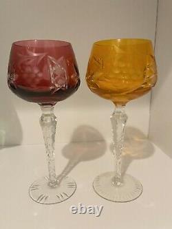 (6) Ajka Marsala Crystal Cut To Clear Multi Color Wine Hock Glasses 8 1/4h