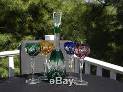 6 Pc Rainbow Cut Clear Crystal Hocks Colored Wine Glasses Goblets Decanter Set