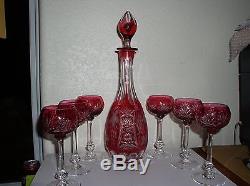 (6) St. Louis Crystal Massenet cut Cranberry Hock Wine 6 5/8 Goblet withDecanter