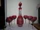 (6) St. Louis Crystal Massenet Cut Cranberry Hock Wine 6 5/8 Goblet Withdecanter