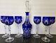 6 Vintage Cut To Clear Wine Glasses & Decanter Crystal Cobalt Blue Bohemian