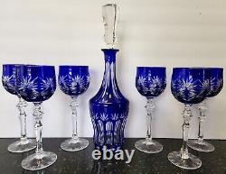 6 Vintage CUT TO CLEAR WINE Glasses & Decanter Crystal Cobalt Blue Bohemian