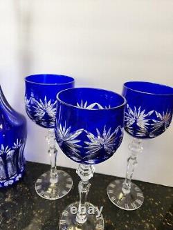 6 Vintage CUT TO CLEAR WINE Glasses & Decanter Crystal Cobalt Blue Bohemian
