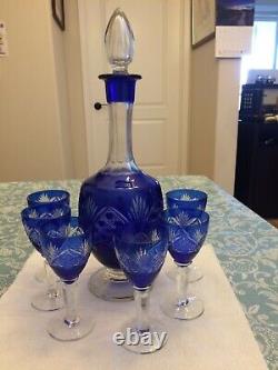 6 Vtg Mid Century Bohemian Crystal Cut to Clear Cordials Cobalt Blue Mint Cond